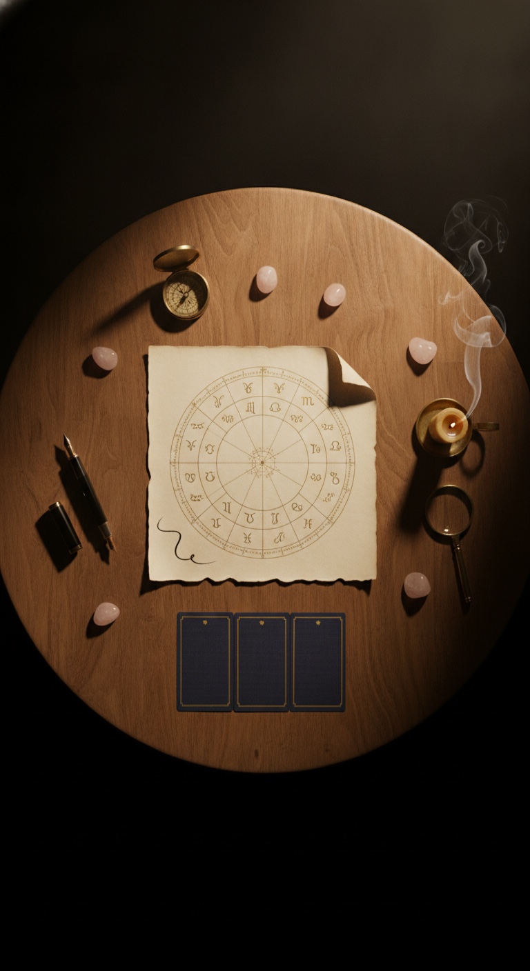 A celestial birth chart on parchment beside a brass astrolabe