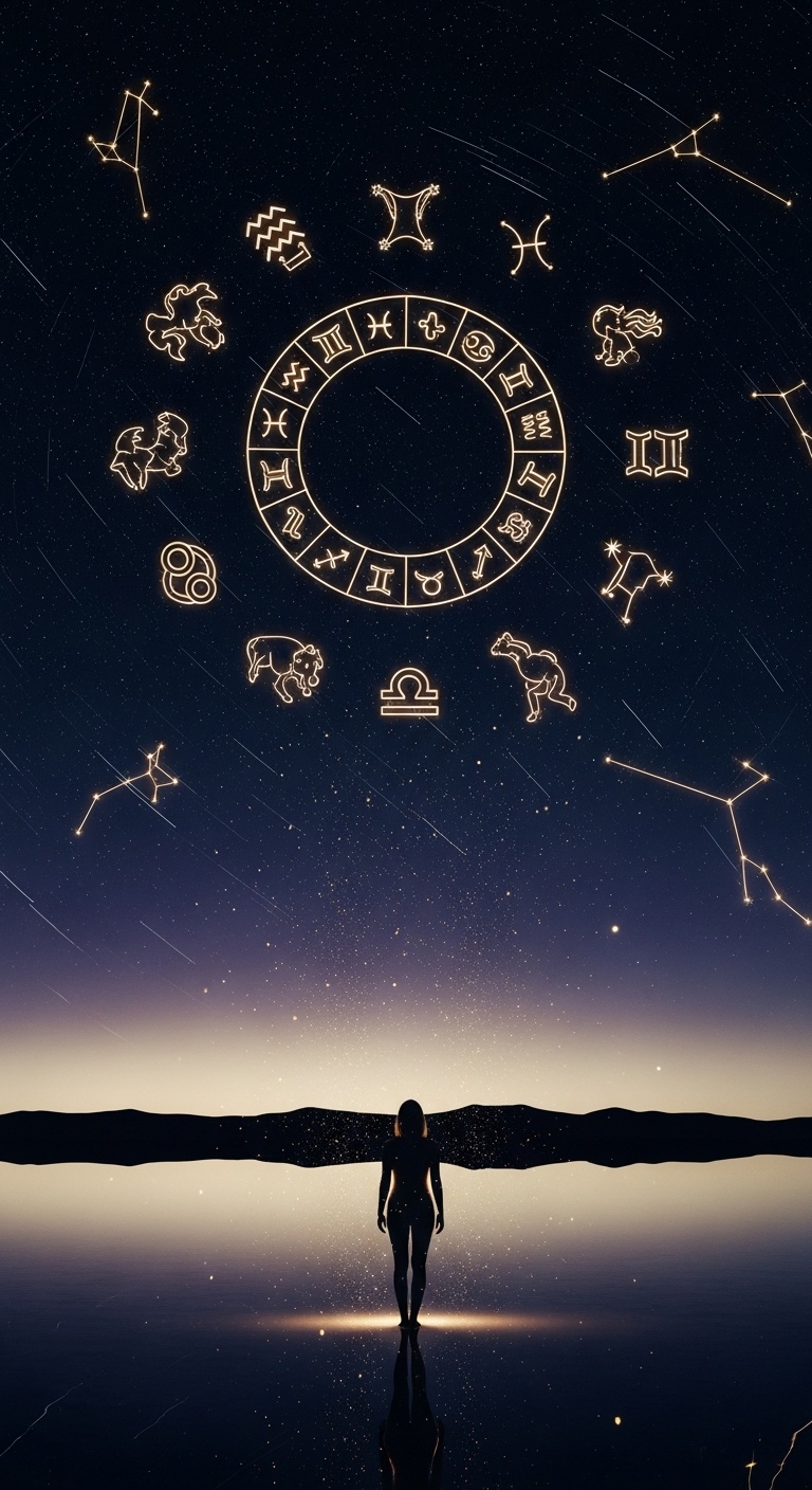 A figure standing beneath a celestial zodiac wheel